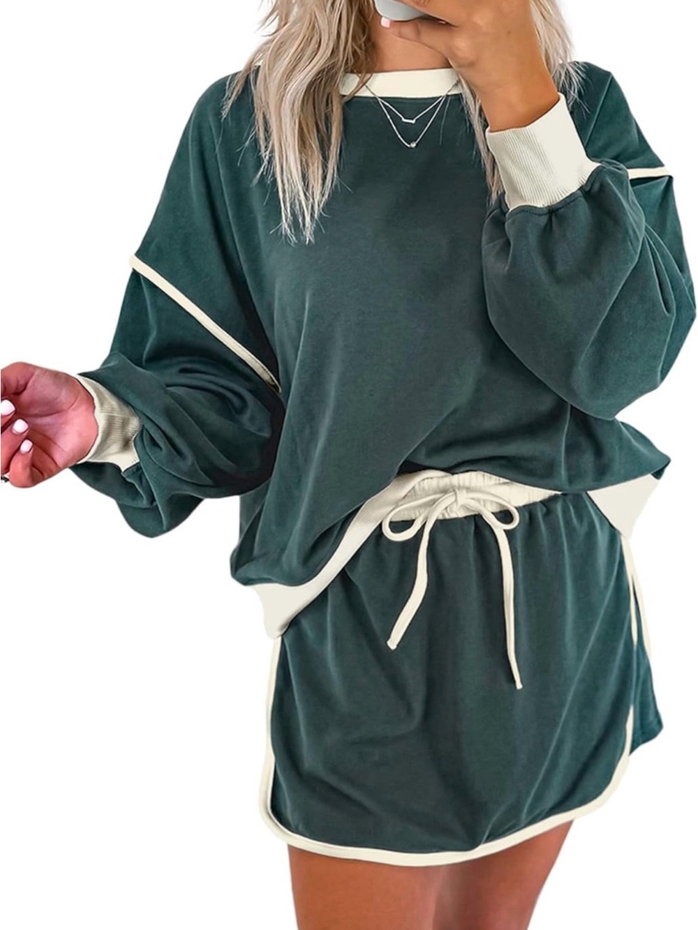 Women’s Dark Green Knit Drawstring Mini Skirt Set - Casual Crewneck
